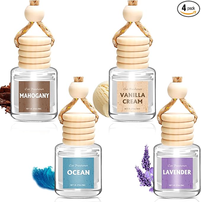 AROIC 4 Pack Car Air Freshener, Wooden Lid Essential Oil Car Diffuser, Natural Long Lasting Scent for Auto Interior, Mothers Day Gifts for Mom Women - Mahogany/Lavender/Ocean/Vanilla Cream - Bloomnest