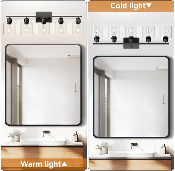 Modern 5 Light Bathroom Vanity Light, 31 inch Black Bathroom Light Fixtures with Clear Glass for Mirror Kitchen Living Room Hallway Cabinet Porch - Bloomnest