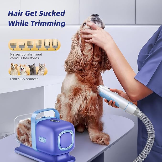 Dog Grooming Kit with Vacuum, All-in-One Pet Grooming Vacuum for Dogs and Cats, Low Noise Pet Hair Clipper & Shedding Brush, Dog Hair Remover, Cat Pet Groomer Set with Cleaning Brushes, Blue - Bloomnest
