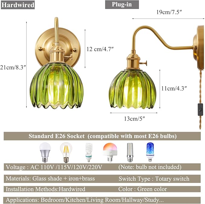 Vintage Plug-in Wall Sconce with Green Glass Shade – Brass E26 Socket Fixture, Easy Mount with Switch, Convertible to Hardwired, Accent Light for Bedroom, Vanity, Hallway - Bloomnest