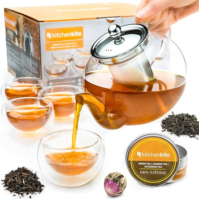 Glass Teapot Set with 4 Double Wall Teacups & Removable Stainless Steel Infuser - Microwave Dishwasher Safe Clear Blooming Loose Leaf Teas, Tea Maker Gift - Bloomnest