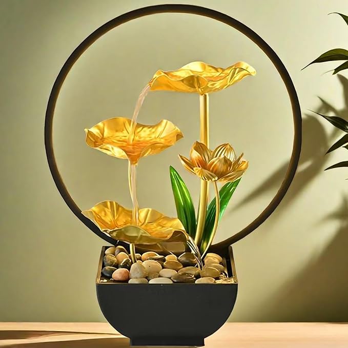 Tabletop Water Fountain with Led Light, Gold Lotus Waterfall Fountain Indoor 11 in USB Powered Flower Waterfall Zen Table Fountains with 1 Replacement Water Pump - Bloomnest