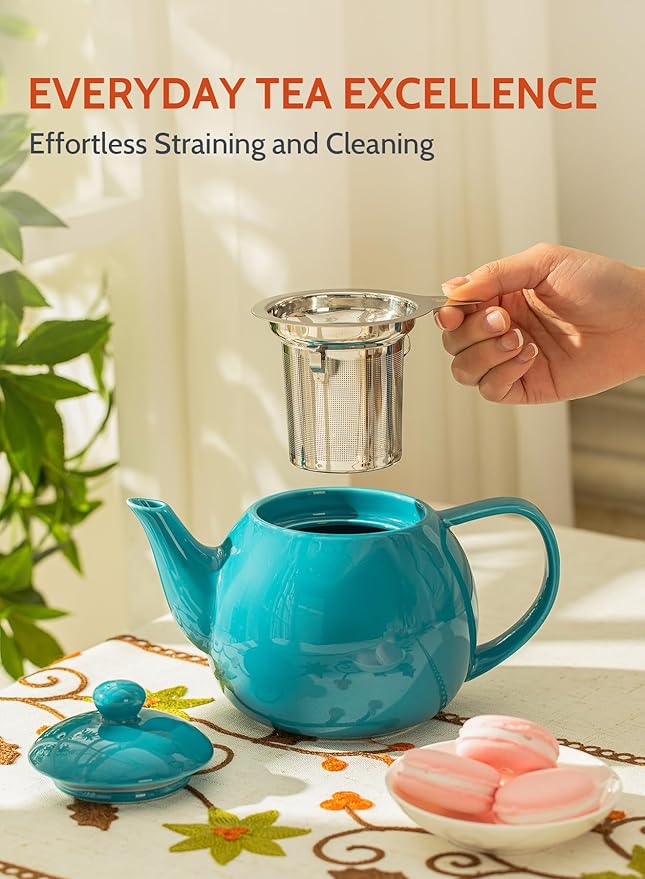 Sweese Teapot, Porcelain Tea Pot with Stainless Steel Infuser, Blooming & Loose Leaf Teapot - 27ounce, Steel Blue - Bloomnest