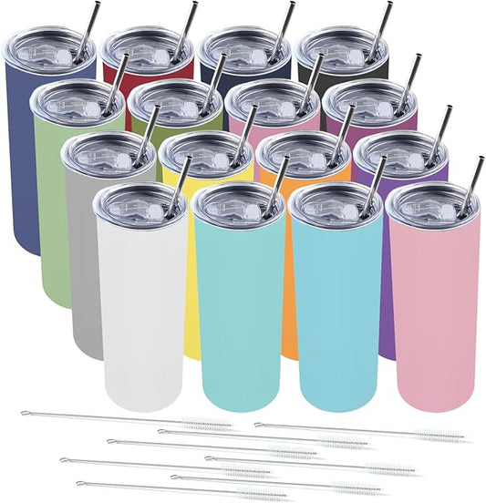 Amtidy 16 Pack 20 oz Slim Tumbler with Lid and Straw, Insulated Double Wall Vacuum Tumbler for Hot and Cold Drinks - Bloomnest
