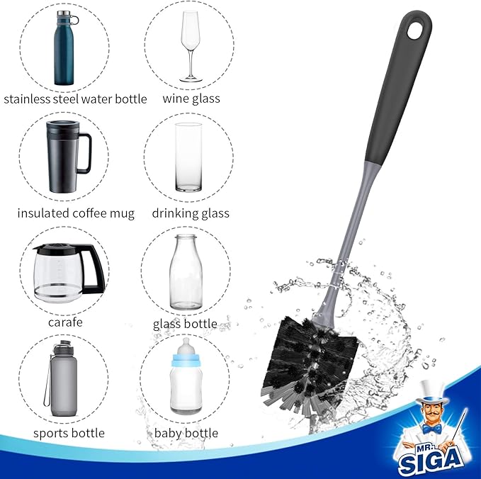MR.SIGA Long Handle Bottle Brush, Flexible Scrub Brush for Water Bottles, Glasswares, Mugs, Black, 2 Pack - Bloomnest