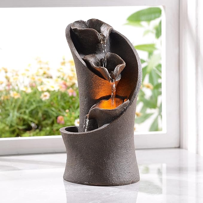 Kalona Tabletop Waterfall Fountain, 3-Tier Indoor Water Fountain for Home Office Decor, Relaxing LED Fountains with Artistic Stone-Look Design for Meditation (23005) - Bloomnest