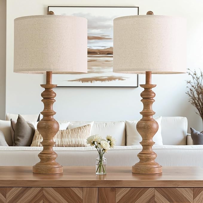 BOBOMOMO 27" Light Brown Table Lamps Set of 2, Large Farmhouse Resin Lamps with Linen Shades, Rustic Vintage Lamps for Living Room, Bedroom, Console Table or Entryway Home Lighting - Bloomnest