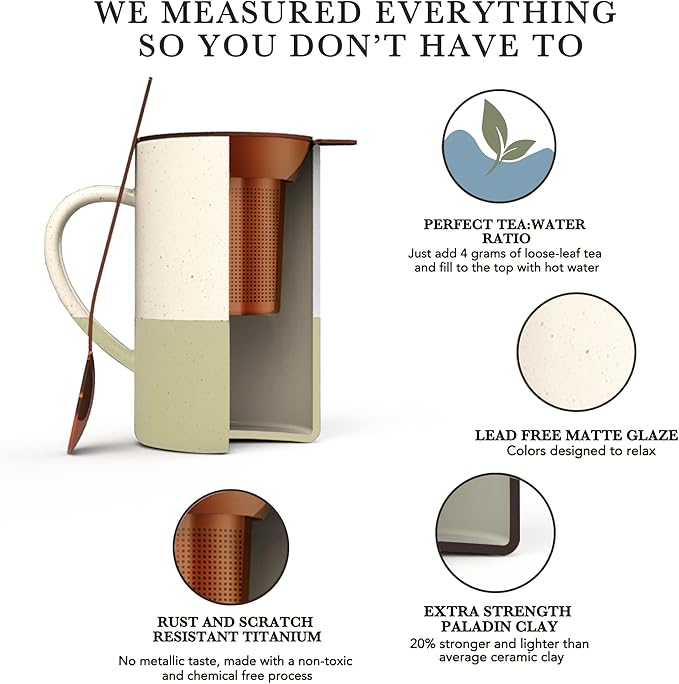 Mora Ceramics Tea Cup with Loose Leaf Infuser, Spoon and Lid, 12 oz, Microwave and Dishwasher Safe Coffee Mug - Rustic Matte Ceramic Glaze, Modern Herbal Tea Strainer - Great Gift for Women, Limestone - Bloomnest