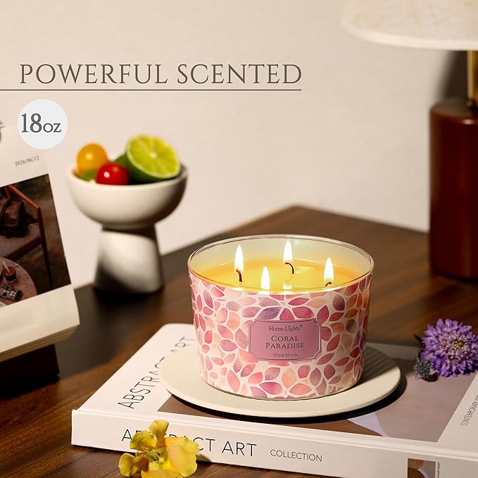 HomeLights Coral Paradise Scented Candles | 18oz Soy Candles Bohemian Natural Textures 4-Wick Large Candle Jars | Ideal Candle Gifts for Events, Home Decor Stress, Relief & Relaxation - Bloomnest