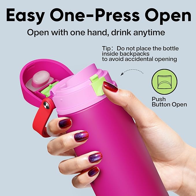 Insulated Water Bottle with Straw - Encool Stainless Steel Water Bottle with Push Button Lid, Leak-Proof & BPA-Free, Keeps Cold for 24 Hours for Sports, Travel, Gym (24 oz, Cerise Pink) ENCOOL
