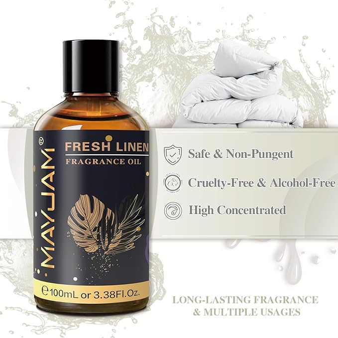 MAYJAM Fresh Linen Fragrance Oils Essential Oil - Fresh Linen Oil for Diffusers, 3.38FL.OZ/100ML Large Volume Fragrance Oil with Premium Glass Dropper - Bloomnest
