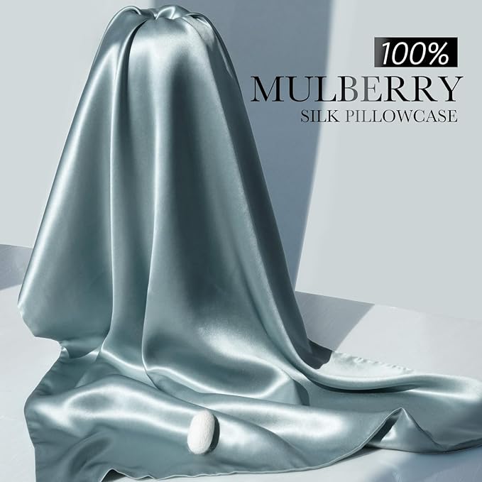 100% Mulberry Silk Pillowcase for Hair and Skin, 22 Momme Pure Natural Silk Pillow Case Both Sided with Zipper, Pillow Cover for Women Mom Men (Airy Blue, Standard 20''×26'', 1 Pack) - Bloomnest