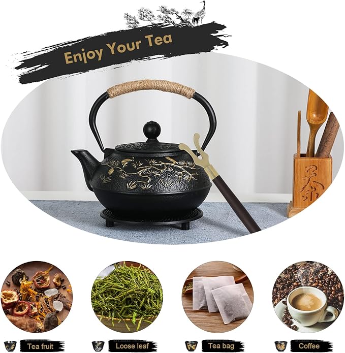 RekRang Longevity Crane Cast Iron Teapot, Japanese Style Tetsubin Tea Kettle with 4 Cups, Removable Infuser and Trivet, Antique Cast Iron Tea Set for Stove, 800ml, 28Ounce - Bloomnest