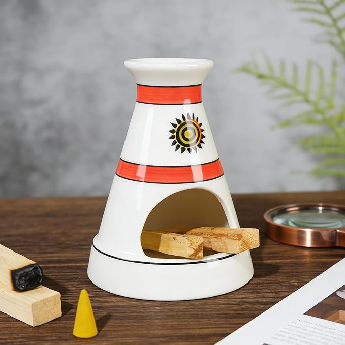 Handcrafted Sun Totem Ceramic palo santo sticks holder with - Tent-Shape Mini chiminea for Sage, Incense Cones & Smudging Rituals -Thoughtful Gifts for Yoga, Meditation, Ash, Zen, Aromatherapy MOUGIGI