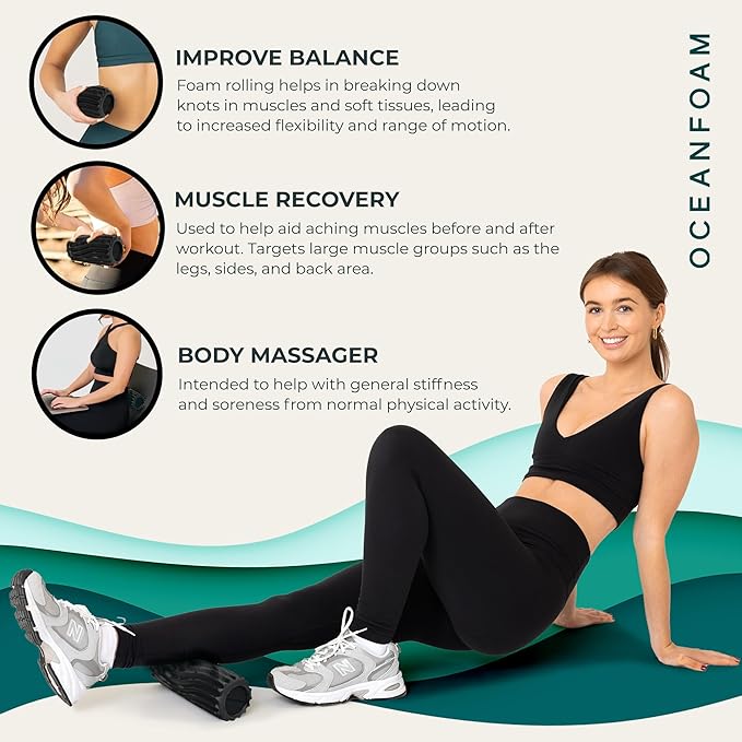 Oceanfoam Ripple Travel Foam Roller (11" x 3.35") Firm Mini Foam Roller for Physical Therapy, Deep Tissue Massage, Back Pain - High Density, Wave Textured - Yoga, Exercise (Black & Charcoal Marbled) - Bloomnest