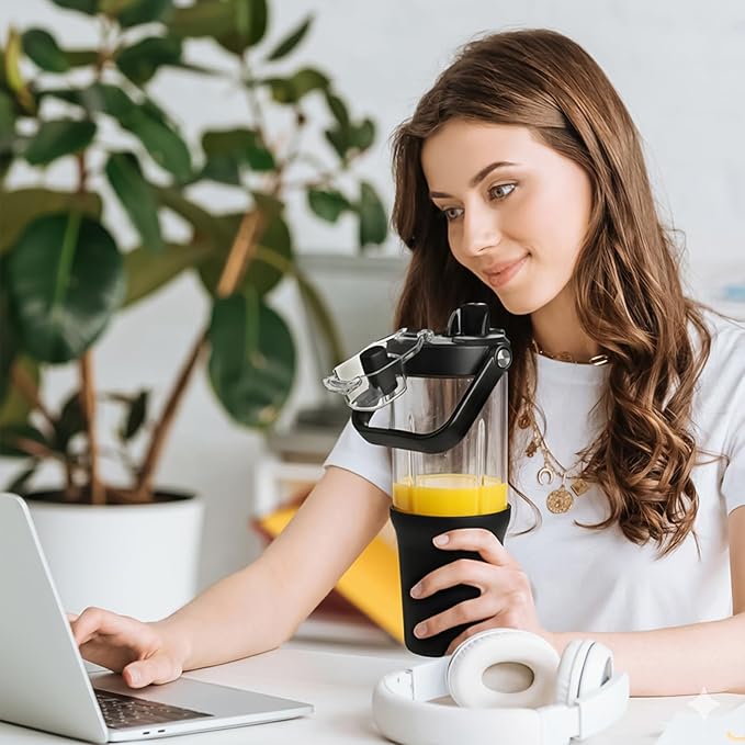 Glass Tumbler with Carry Handle, Clear Glass Water Bottle with Leakproof Lid, Spout Lid&Straw, BPA-Free, 32 oz, Black - Bloomnest