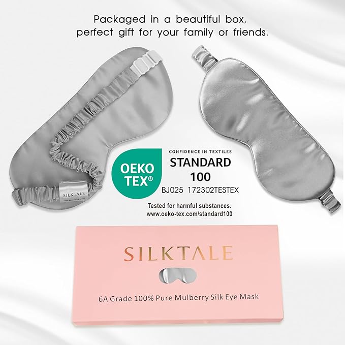 100% Mulberry Silk Eye Mask for Sleeping with Silk Wrapped Adjustable Strap,Silver Gray - Bloomnest