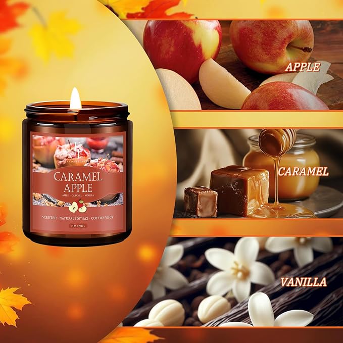 Fall Candle, Caramel Apple Scented Candles for Home, Natural Soy Autumn Candle Aromatherapy Candle, 7 oz Jar Candles Fall Gifts for Women Men - Bloomnest