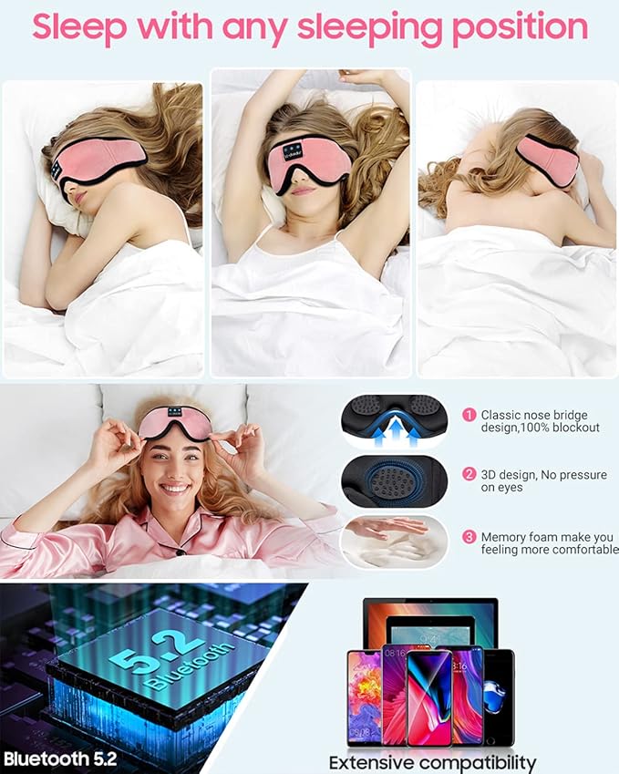 LC-dolida Sleep Headphones, Sleep Mask Bluetooth Wireless Music Eye Mask, Sleeping Headphones for Side Sleepers Sleep Mask with Bluetooth Headphones Ultra-Thin Stereo Speakers Perfect for Sleeping - Bloomnest