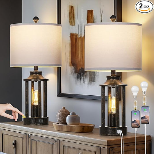 Farmhouse Table Lamps Set of 2, Vintage Living Room Lamps with 2 USB Ports, 3 Way Dimmable Touch Control Bedroom Lamp with 2 LED Nightlight, 23.5" Bedside Lamp for Nightstand Side End Table, Bronze - Bloomnest