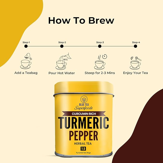 BLUE TEA - Turmeric Tea - Pepper - 15 Count - Pyramid Plant Based Tea Bag | CURCUMIN RICH - HERBAL BLEND | Caffeine Free - Gluten Free - Herbal Tea - Earthy Flavor - Healthy | Tin Pack - Bloomnest