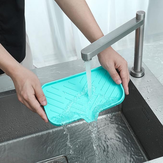 Silicone Bathroom Soap Dishes with Drain Spout-Bathroom and Kitchen Sink Organizer,Sponge Holder,Dish Soap Tray,Perfect for Dispenser,Scrubber,Bottle,Cup on Sink or Counter-Mint 9.6"×5.3" - Bloomnest