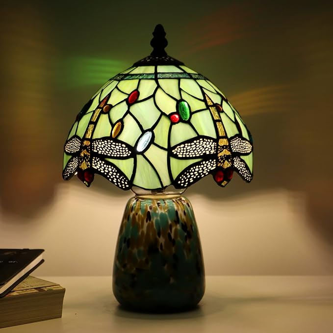 Tiffany Mushroom Table Lamp Dragonfly Style Grass Green Stained Glass Accent Lamp Brown Blue Glass Base 8X8X12 Inch - Bloomnest