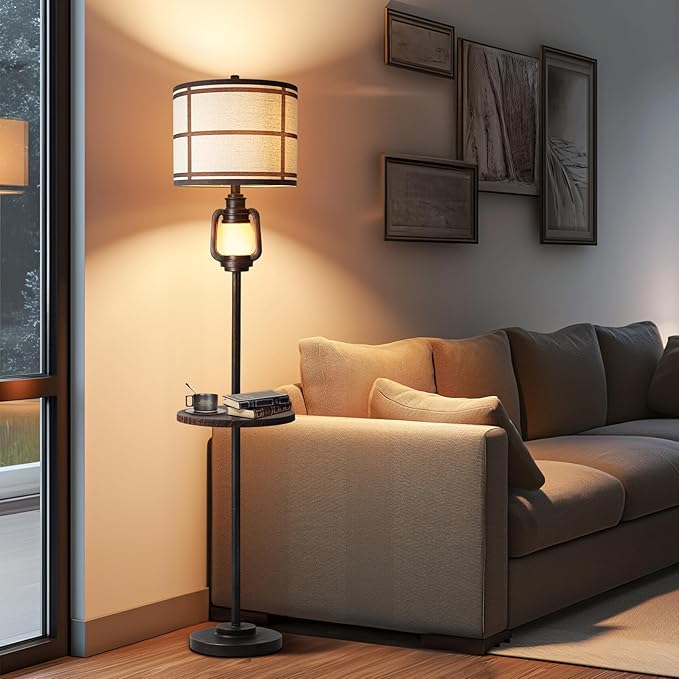 Rustic Farmhouse Metal Tray Floor Lamp For Living Room With Nightlight Vintage Tall Lamp With Linen Fabric Shade Industrial Standing Lamp For Bedroom Office Home House Study (Bulb Included) - Bloomnest