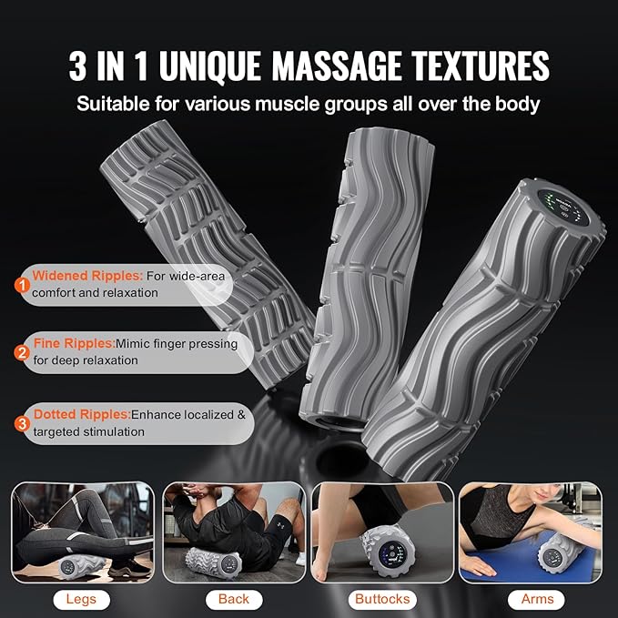 VEVOR Vibrating Foam Roller, 5-Speed Electric Massage Roller, 16" Rechargeable Muscle Roller with 3 Vibration Modes, High Density EVA Foam Massager for Deep Tissue, Back Pain Relief, Exercise Recovery - Bloomnest