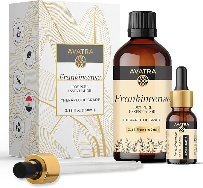 Avatra Frankincense Essential Oil 100ML (3.38 OZ) with Glass Dropper and Travel Bottle, Pure and Natural Therapeutic Grade Frankincense Oil for Diffuser, Aromatherapy, Massage, and DIY Candle Products - Bloomnest