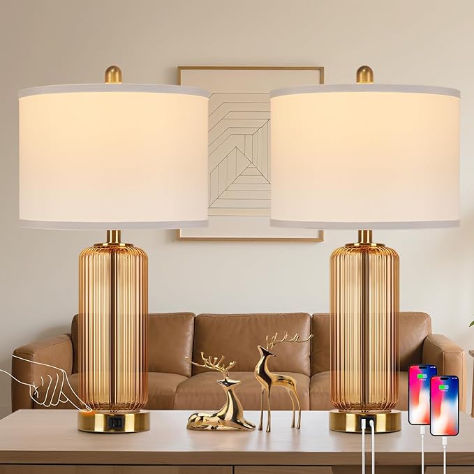 Table Lamps Set of 2 with Touch Control, 3-Way Dimmable Nightstand Lamp with Vertical Grained Glass, Bedside Table Lamps, 27" Modern Glass Bedside Lamps with USB A+C Ports, Brown Desk Lamp for Bedroom - Bloomnest