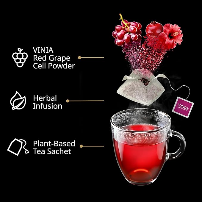 VINIA Cranberry Hibiscus Herbal Tea Bags, Made with Organic Herbal Tea, Infused with Piceid Resveratrol for Heart Health, Nitric Oxide, Physical Energy, Alertness, Blood Flow, Keto, Kosher, NON-GMO. 30 Ct - Bloomnest
