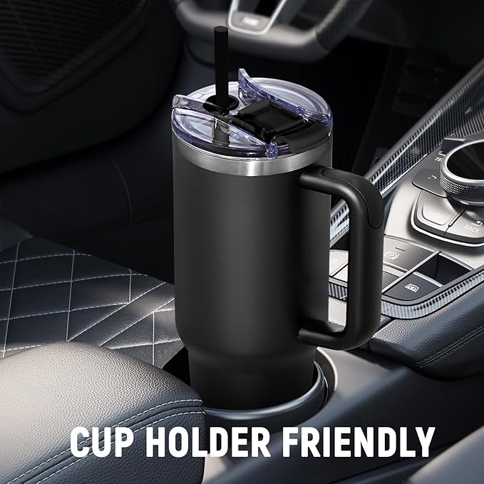 40 oz Tumbler with Handle and Straw Lid,Insulated Reusable Stainless Steel Water Bottle Travel Mug，Cupholder Friendly Double Wall Vacuum Sealed Cup (Black) - Bloomnest