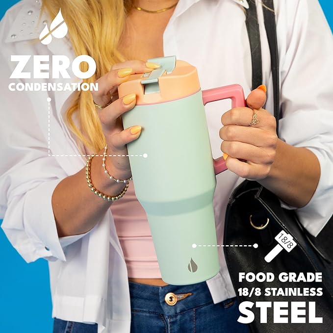 Elemental 32 oz 100% Leak Proof Tumbler with Handle & Straw - Stainless Steel Double Wall Insulated Tumbler for Hot and Cold Beverages - Travel Coffee Mug with Sip & Straw Lid - Mint Sorbet - Bloomnest