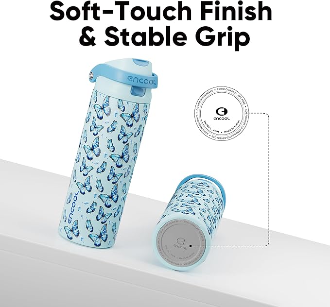ENCOOL Leakproof Insulated Water Bottle with Straw Dual-Sip Water Bottle Bag-Safe Design for Work, Commute & Gym – Keeps Drinks Cold All Day, 32 oz, Glacier Butterfly ENCOOL