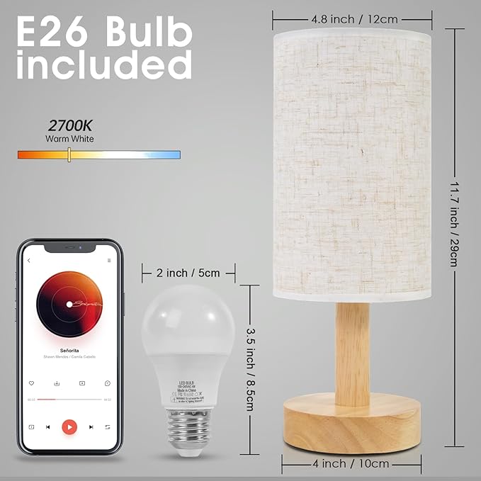 Small Bedside Table Lamp for Bedroom,Natural Round Wood Base&Fabric Linen Shade,Cozy Night Table Light for Study Reading,Minimalist Boho Desk Lamp for Nightstand,Living Room,Nursery,Kitchen,Dorm - Bloomnest