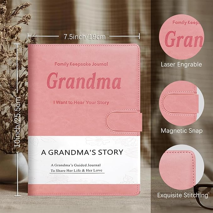 Artmag Grandma's Life Story Journal with 250+ Prompt Questions, Family Keepsake Book Leather Cover for Grandma to Share Her Memories for Birthday Mother's Day Christmas (Pink) - Bloomnest