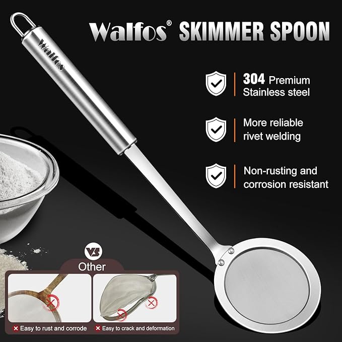 Walfos Skimmer Spoon,304 Stainless Steel Fine Mesh Strainer,Foam Strainer Oil Filter,Ultra Fine Mesh Strainer Perfect For Separation Of The Floating Foam,Fat,Set fo 2 - Bloomnest