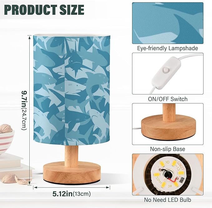 Table Lamp Blue Shark Pattern Marine Animal Nightstand Lamp with Wood Base Fabric Lamp Shade Bedside Desk Lamp for Living Room Bedroom Kids Room Office - Bloomnest