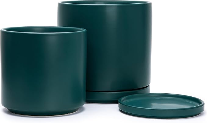 D'vine Dev 8 Inch & 10 Inch Ceramic Planter Pot for Plants with Drainage Hole and Saucer, Large Plant Pots Set, Teal, 94-G-L-9 - Bloomnest