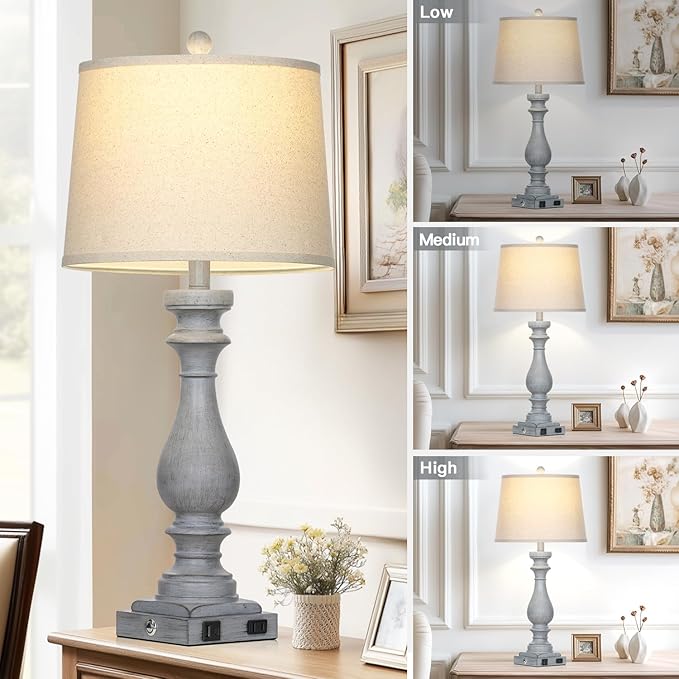 29" Tall Farmhouse Table Lamp for Living Room Set of 2,Vintage Retro Nightstand Lamps with USB C+A Ports & AC Outlet,3-Way Dimmable Touch Bedside Lamp for Bedroom Side Table,Light Grey - Bloomnest