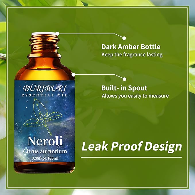 BURIBURI 100ML Neroli Essential Oil Gifts Set, 100% Pure Orange Blossom Oils Undiluted Aromatherapy Neroli Oil 3.38fl.oz for Soap, Candle Making, Massage, Diffuser, Humidifier BURIBURI