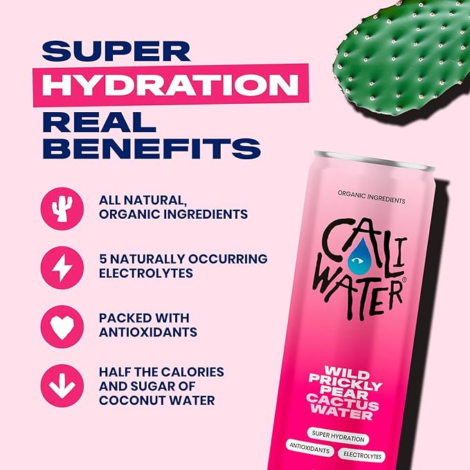 Caliwater - Organic Cactus Water - Wild Prickly Pear - 5g Sugar, 25 Calories - Coconut Water Alternative - Natural Plant Based Hydration - Skin Care, Electrolyte Drinks - Flavored Water - 12 Cans - Bloomnest