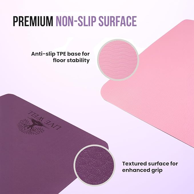 MHW - Live Well Thick Non-Slip Yoga Mats for Home Workout – Eco-Friendly Cork & TPE Yoga Mats | Extra Wide, Long, Foldable, Odorless Exercise Mats with Strap & Bag – Travel-Friendly & Portable