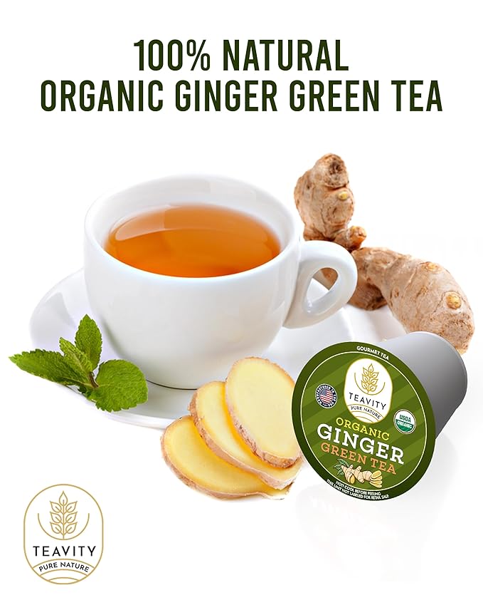Green Tea & Ginger Tea Pods for Keurig - Caffeinated, Organic, Dye Free, Unsweetened, Herbal Blend for K Cup Machines - Hot or Iced (24 Tea Pods) - Bloomnest