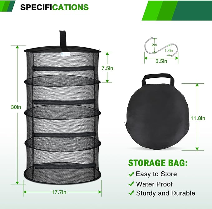 Yesker 4 Layer Herb Drying Rack Hanging Mesh Net Foldable Plant Drying Racks 18" Diameter with Black Zipper & Hook Dryer Hanging Rack for Herbs Seed Bud Fruit Clothes Grow Tent Closets Garden Outdoor - Bloomnest