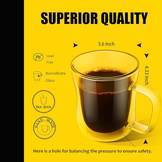 PunPun Coffee 12oz.350ml Glass Mugs Espresso Cups Coffee Glass Cups Champagne Glass Clear Drinking Cups, Tea Cups Wine Glass, Microwave Safe Borosilicate Glass Cup (12 OZ./Set of 2) - Bloomnest