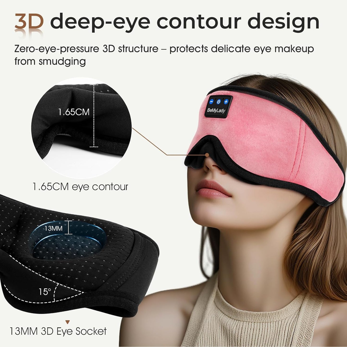 Sleep mask Headphones,100% Blackout 3D Zero Eye Pressure Bluetooth Sleep mask Breathable Eye mask with Bluetooth Headphones Sleep Headphones for Side Sleepers, 14H Playtime&Bluetooth 5.4 Pink