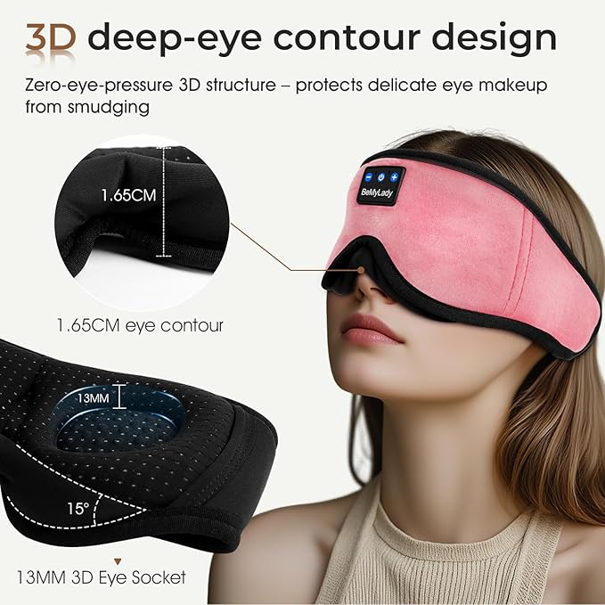 Sleep mask Headphones,100% Blackout 3D Zero Eye Pressure Bluetooth Sleep mask Breathable Eye mask with Bluetooth Headphones Sleep Headphones for Side Sleepers, 14H Playtime&Bluetooth 5.4 Pink - Bloomnest