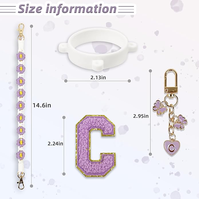 Compatible with Owala Water Bottle Accessories, Cute Letter Charm Set with Boho Handle Strap, Monogram Sticker, Silicone Ring, Keychain Decoration, for FreeSip 24 32 40oz, Owala Kids, Tumbler Gift SITKOL